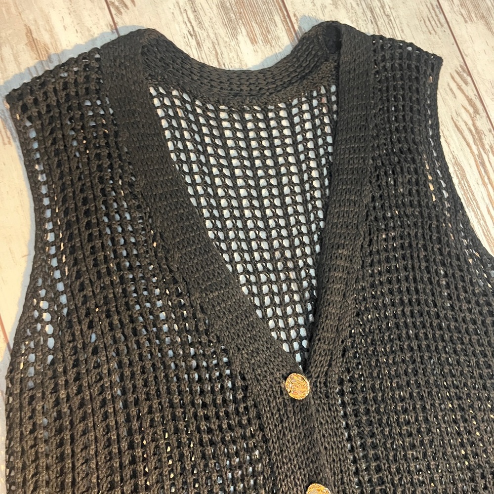 Black Crochet Maxi Vest Cover Up Button Down Gold Buttons XL NWOT - Picture 11 of 16